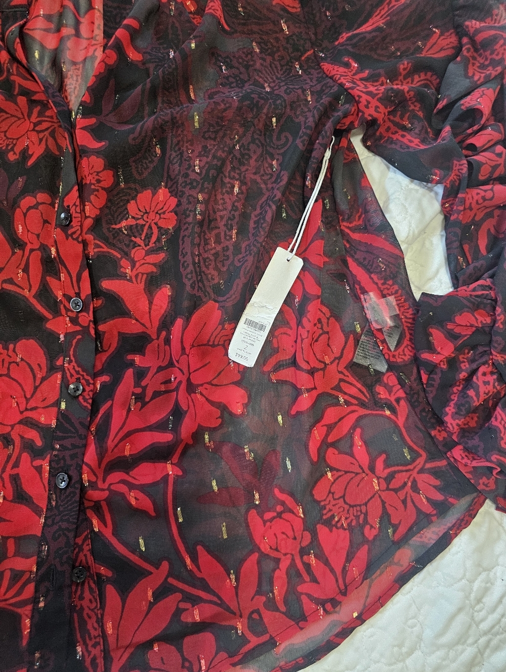 Chicos Sheer Red Black Floral Ruffled Blouse NWT 2 - Picture 14 of 16